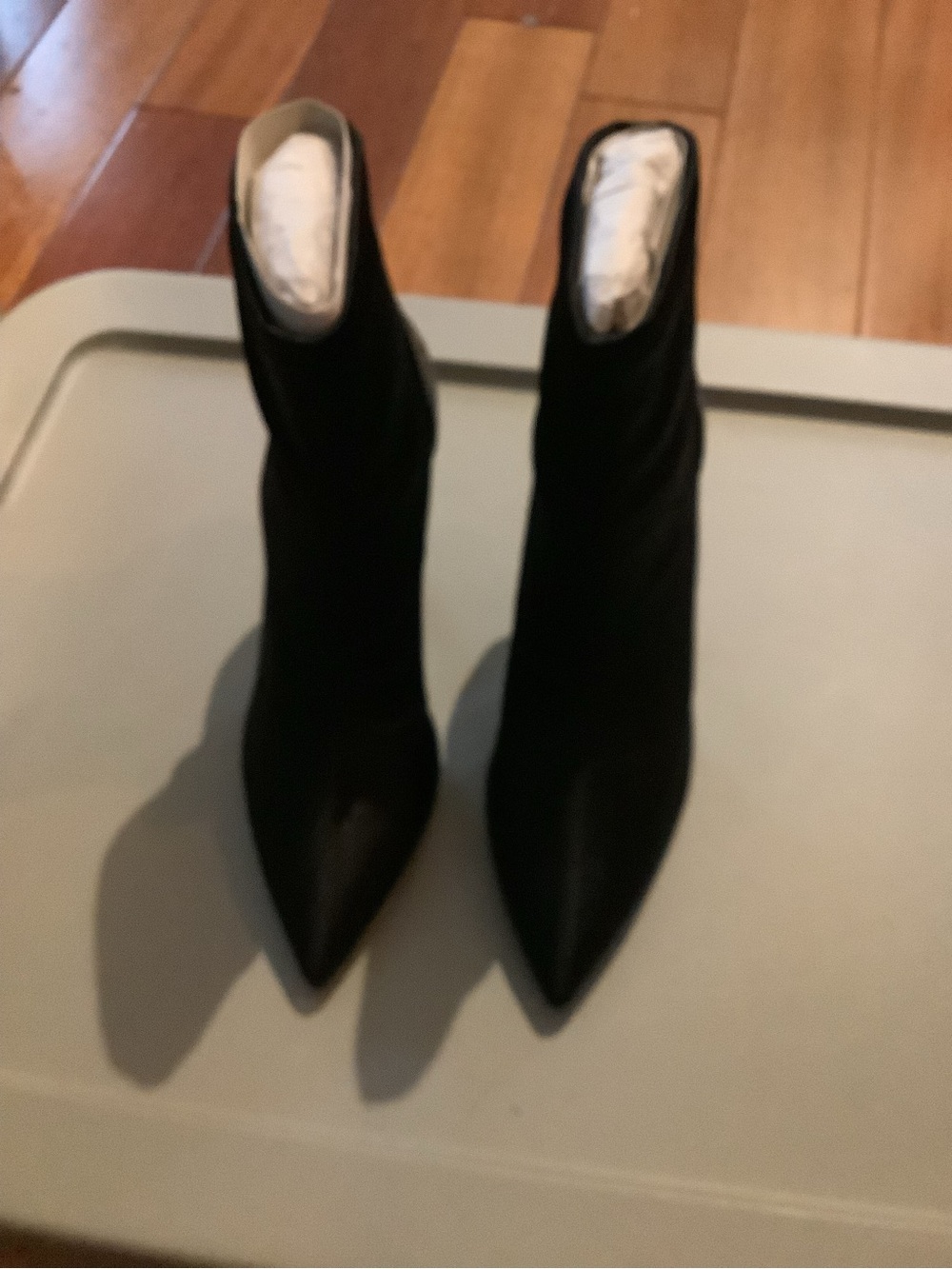 Lauren Lorraine Black Pointed Toe Satin Sock Ankle Boots size 7.5 New